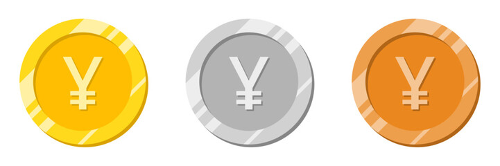 Yuan  or Yen coin in golden color. China and Japan currency with shiny effect vector illustration in gold, silver and bronze color. Yuan coin vector.