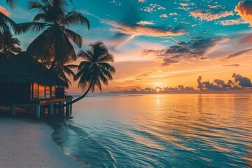 Fototapeta premium An artificially generated tropical beach sunset with white sand, palm trees, and bungalows. A tropical summer getaway.