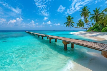 Fototapeta premium This is a beautiful seascape with white sand and palm trees, turquoise water in the ocean on a bright sunny day. Blue sky with clouds in the background. Summer vacation. CG rendered by AI.