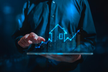 real estate investment concept energy efficiency rating and property value, Real estate online on virtual screens. new home for the family, home search, land price, property tax.