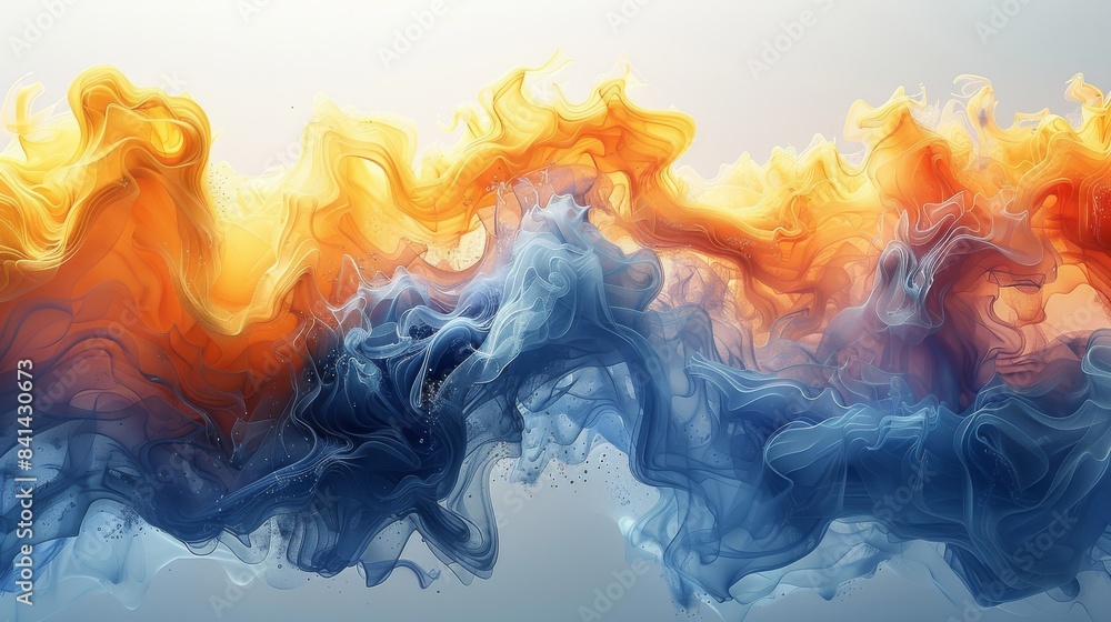 Poster vibrant abstract fluid art with dynamic patterns of red, orange, and blue, creating a mesmerizing vi