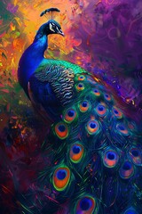 An AI created close-up portrait of a beautiful peacock with colorful feathers.