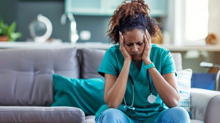 Nurse in scrubs sitting on a couch looking stressed and tired. AI