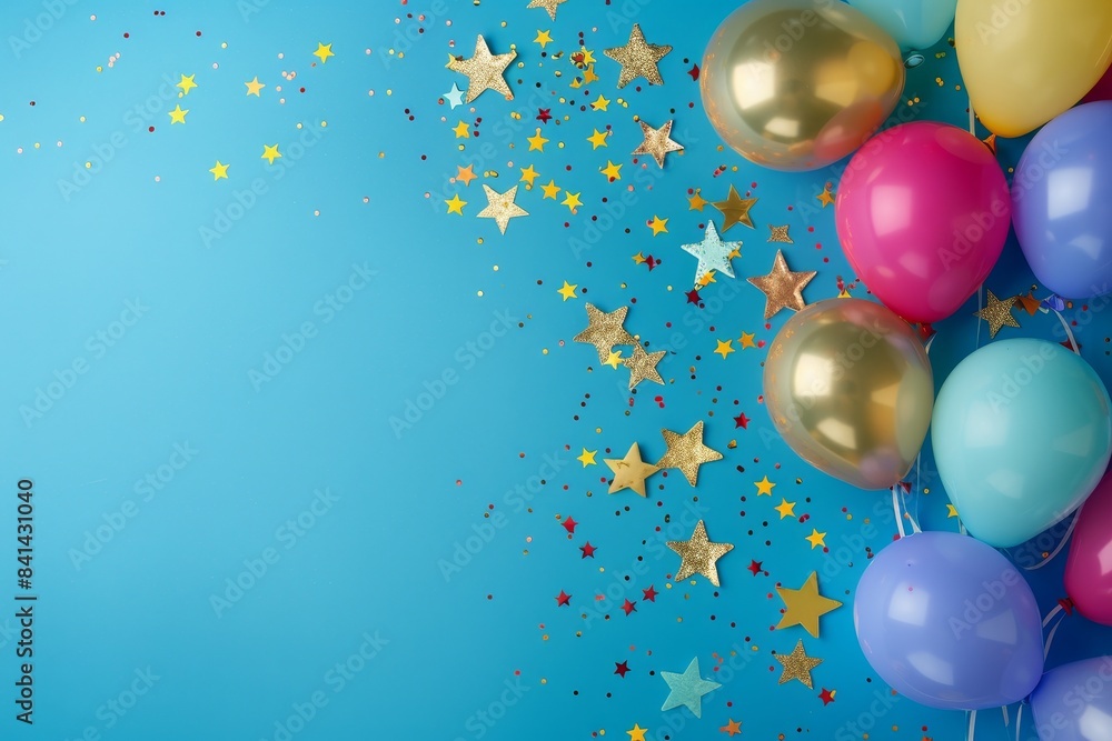 Poster multicolored colorful air balloons with a blue festive background rendered using ai.