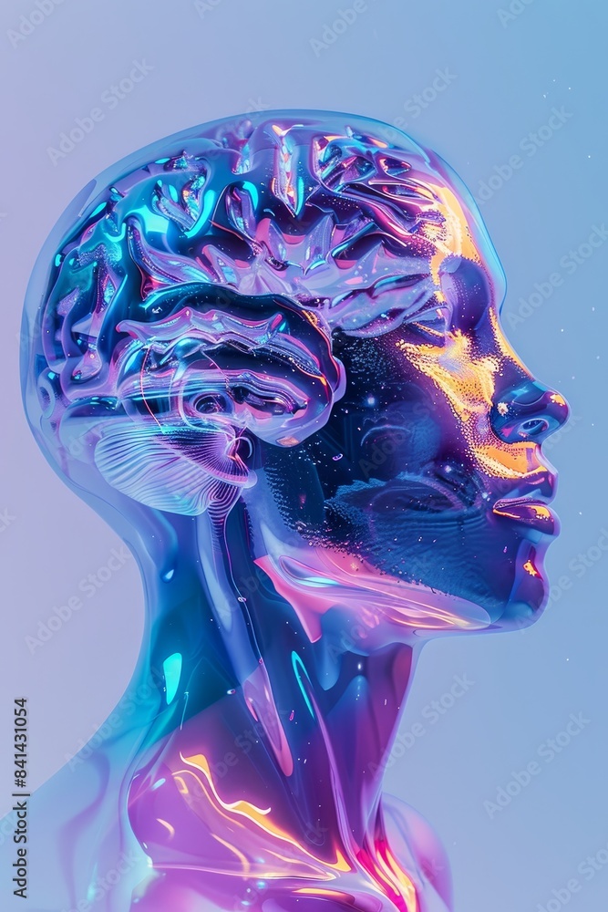 Poster this is a wireframe hologram of a futuristic human brain using holographic sci-fi interface. it was 