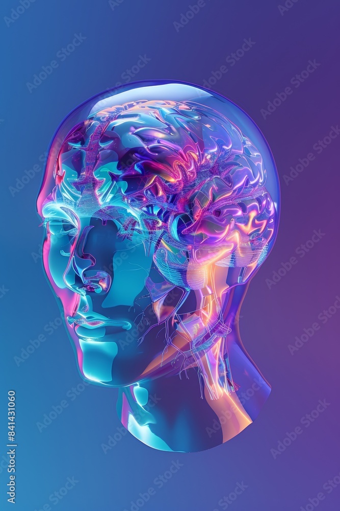 Poster creating an ai-generated holographic interface with a futuristic human brain.