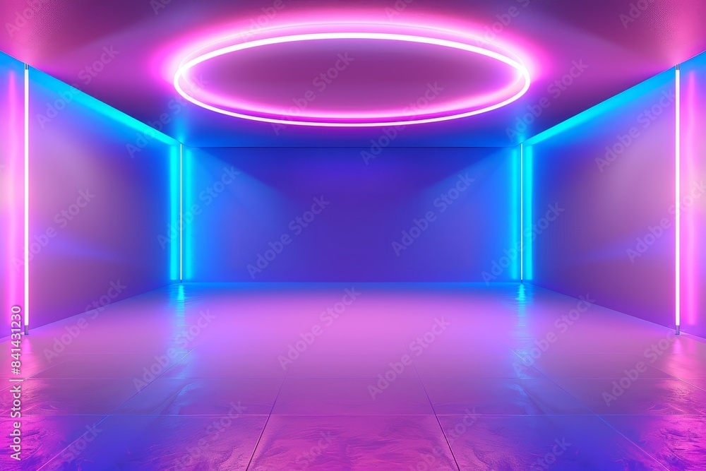 Poster this is a beautiful colorful podium with colored neon lights in turquoise and pink. the interior is 