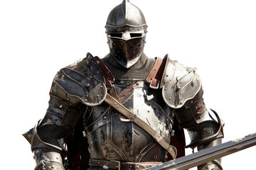 Naklejka premium Medieval knight in full armor and helmet with sword, ready for battle, representing bravery and chivalry.
