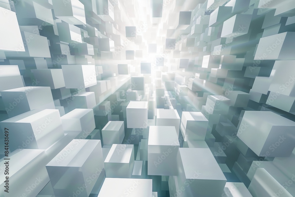 Poster ai-generated mosaic of white cubes in the form of an infinite tunnel.