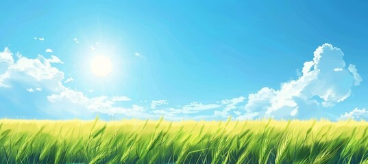 Obraz premium Beautiful natural spring panorama of green wheat fields on hills below a blue sky.