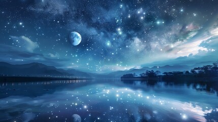 Naklejka premium A group of stars are mirrored in the smooth surface of a calm lake kissed by the moons gentle touch.