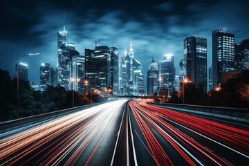 Fototapeta premium City street at night with long lines of red taillights from traffic.