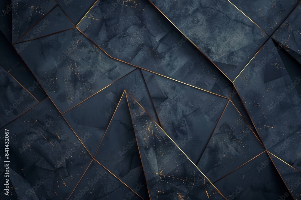 Poster a beautiful interior with a black wall with a 3d abstract pattern of polygons and furniture with gol