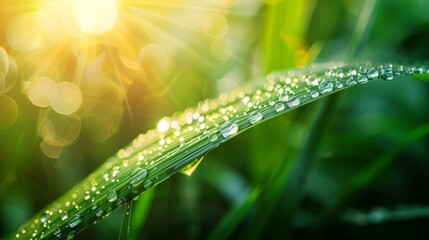 Outdoors in nature, a drop of dew on a blade of grass sparkles in the sun. There is a space for text underneath the drop of water.
