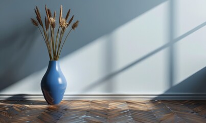 The background for the presentation is designed as an abstract image with a blue wall, a vase with plant and a wooden floor with interesting light glare. The image was generated by AI.