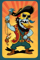 a detailed cartoon illustration of a pirate, man, swashbuckler, eyepatch, hook, beard, parrot, hat, bandana, sword, treasure, ship, buccaneer, sea, skull, crossbones, adventurous, fierce, nautical