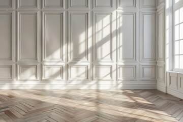 Decorative panels on the wall and wood flooring with interesting light reflections make up this presentation's background.