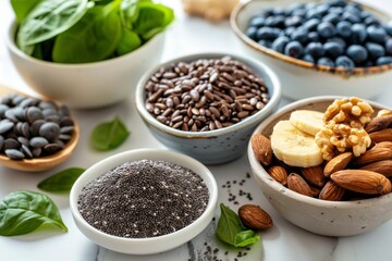 Assorted fresh ingredients for a healthy meal, including beans, spinach, nuts, and seeds, arranged on a white background, showcasing vibrant colors and textures