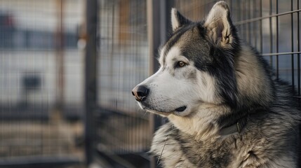 kind Alaskan Malamute shepherd sits in an enclosure behind bars and looks with . Generative Ai