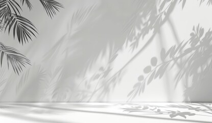 A minimalist background with blurred foliage shadows on a white wall. A beautiful background for presentations with smooth floors.