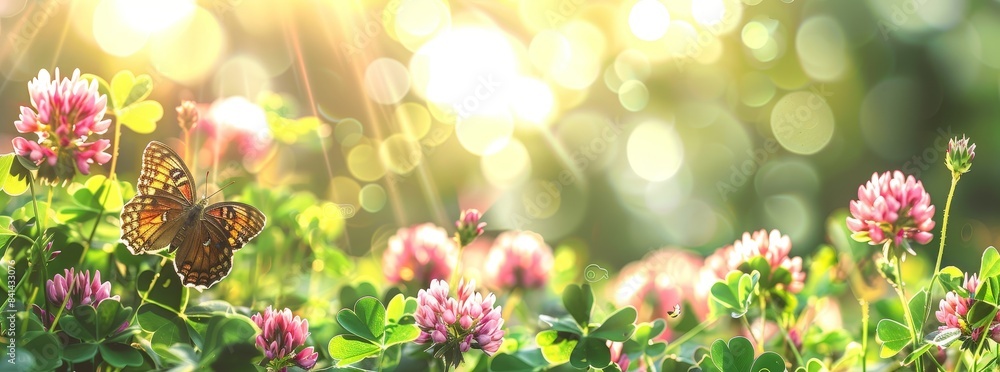 Poster a close-up of wild clover flowers and butterflies in a meadow in nature in rays of sunlight in sprin