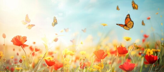 Natural widescreen scene of yellow meadow with wildflowers and a fluttering butterfly.