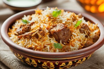Flavorful Biryani rice food. Spicy meat food. Generate Ai