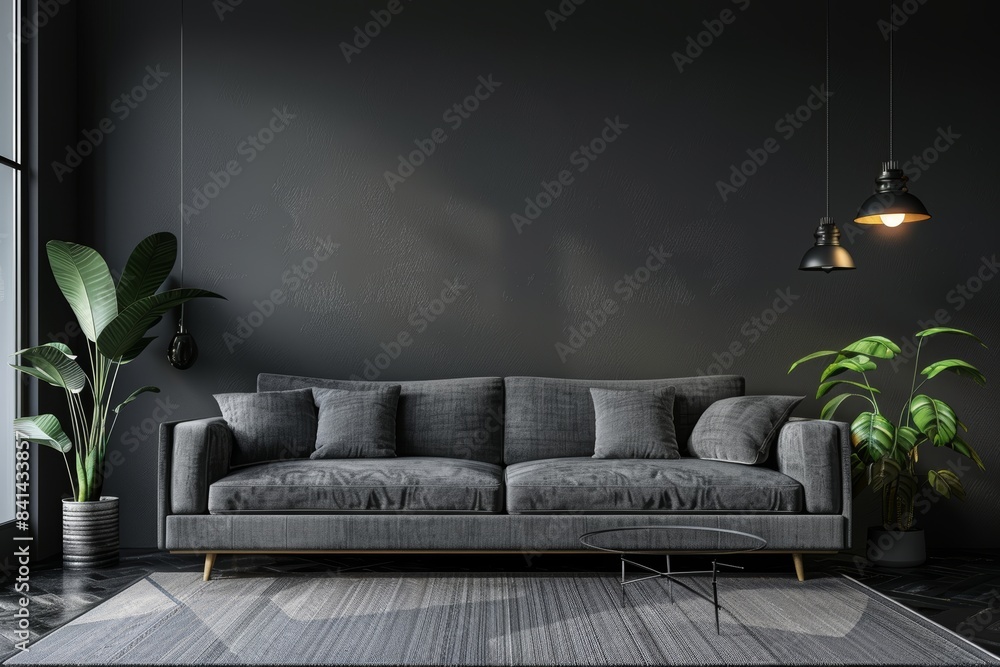 Poster in this minimalist living room with a large gray sofa, the image is created using artificial intelli