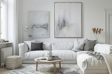 This living room is stylish and cozy with a white sofa and a large glass window. It is rendered using artificial intelligence.