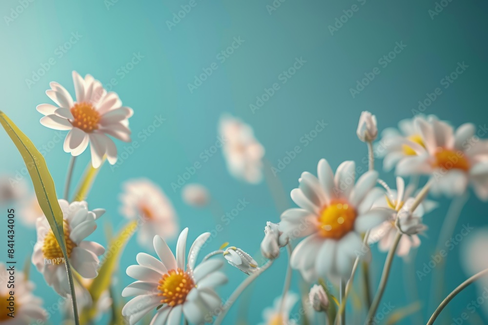 Poster the background is a natural blue turquoise color with a frame of white daisies created by using a so