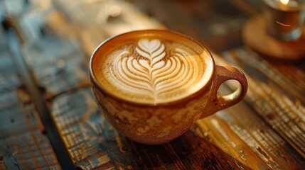 Artisanal latte art in a beautifully crafted ceramic cup, featuring intricate heart and floral designs, set on a rustic wooden table, perfect for a cozy cafe atmosphere