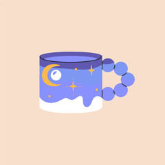 Design of modern coffee cup with handle of round shape bubbles. Cute teacup decorated with painted night sky, moon pattern. Ceramic mug for tea, hot drinks, water. Flat isolated vector illustration