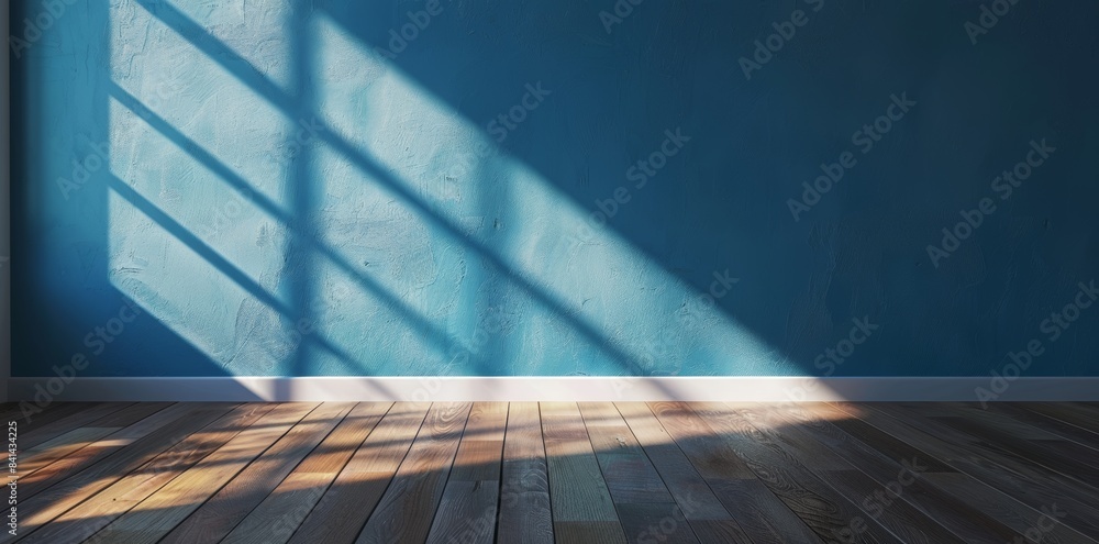 Poster blue empty wall and wooden floor with interesting shadow from the window. artificial intelligence ge
