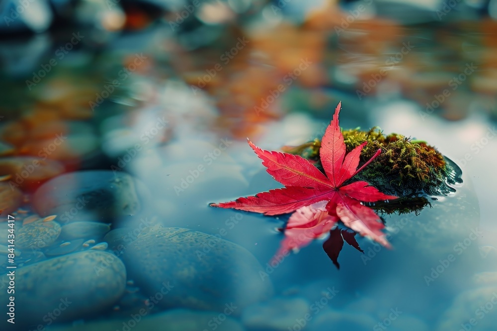 Poster bright red autumn maple leaf close-up on a tree in the forest with reflection in the water. ai-gener