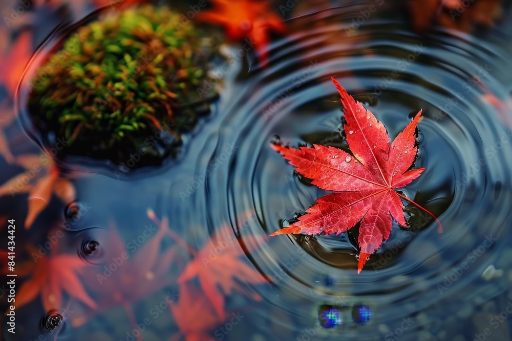 Poster the bright red autumn maple leaf is close-up on a stone in the forest with a reflection in the water