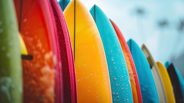 Surfboards rack waves ocean. Generative AI