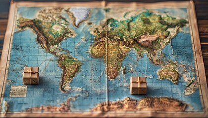 Naklejka premium World map with two parcels for shipping concept