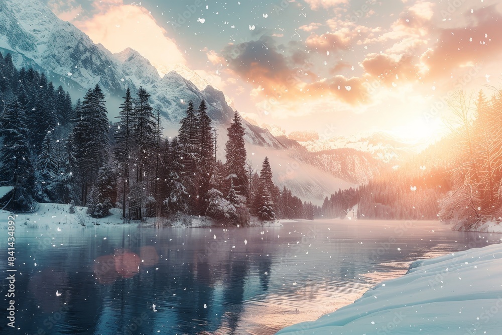 Aufkleber the image features fir trees, mountains, and a snowy forest. it was generated using artificial intel