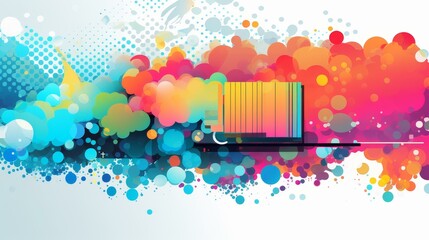 Vibrant pixel graphic banner with glitchpunk style and speech bubble, reminiscent of animated gifs and lith printing techniques.