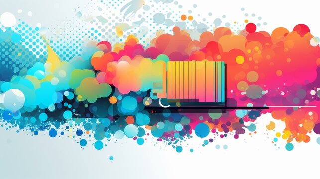 Vibrant pixel graphic banner with glitchpunk style and speech bubble, reminiscent of animated gifs and lith printing techniques.