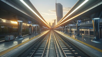 Obraz premium High-speed train network interface, visualizing the seamless integration of technology across an urban landscape. Generative AI.