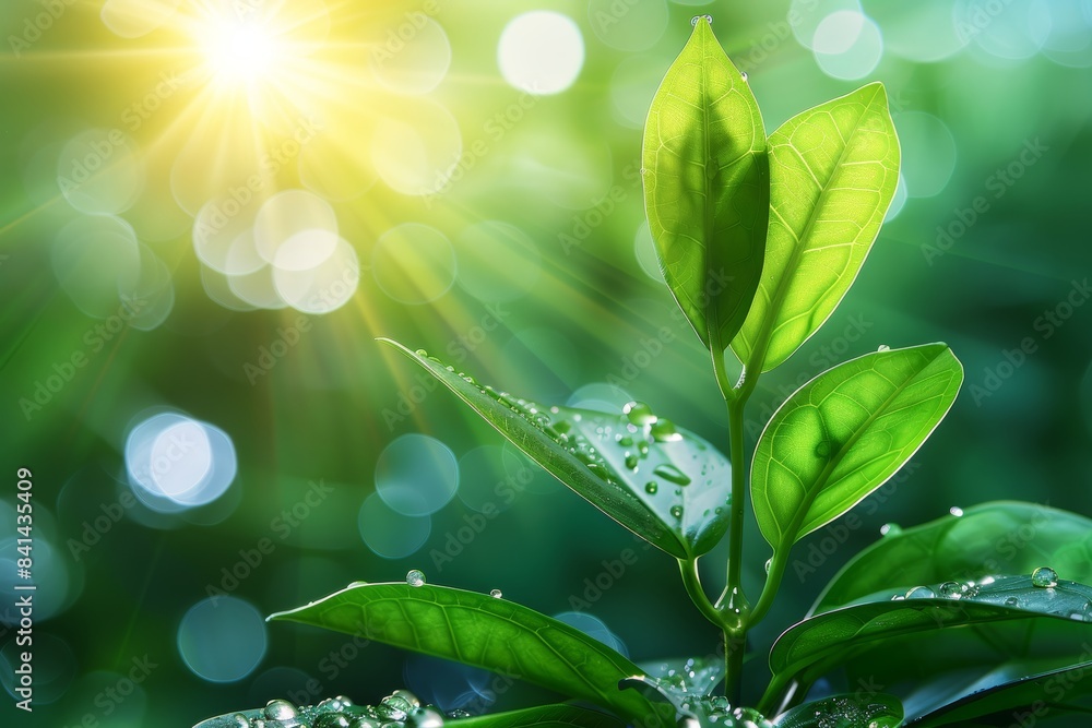 Poster vivid sunlight filtering through dense green forest canopy, creating a mesmerizing natural display