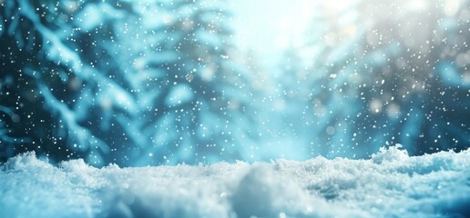 Obraz premium Festive Christmas natural snowy background, abstract empty stage, snow, snowdrifts and defocused Christmas lights in forest on light blue background.