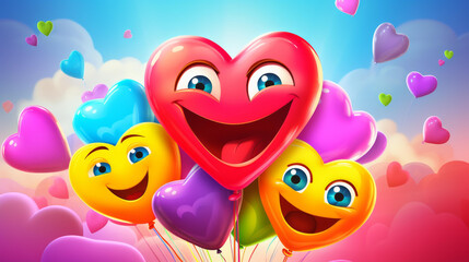 Fototapeta premium Vibrant cartoon emoticon joyfully wishes Happy Valentines Day in colorful speech bubble.