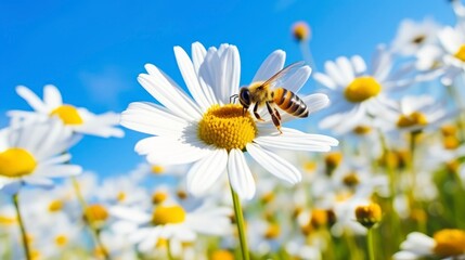 Obraz premium Natural background depicting daisy flower and bees on a sunny day 