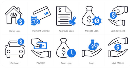 A set of 10 mix icons as home loan, payment method, approved loan