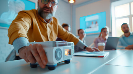 a close-up image of a technical support specialist leading a training session for new team members, using a projector and slides to illustrate key points, Technical Support, Specia