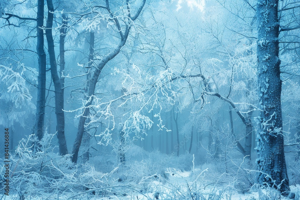 Aufkleber an ai-created winter background with snow-covered trees and frost-covered branches.