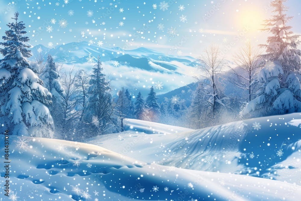 Poster soft fluffy snowy landscape with snowdrifts and trees in sunlight. designed by artificial intelligen
