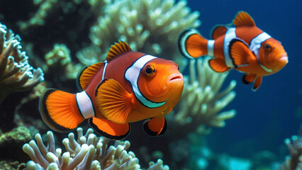 Clown Fish Swimming Hunting For Food In Its Natural Habitat Underwater Photography Style 300 PPI High Resolution Image